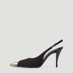 Metallic Toe Cap Pointed Toe Stiletto Tweed SlingBack Pumps - Black
