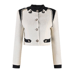 Kurze Tweedjacke im Military-Stil mit Stehkragen, Perlenbesatz und Metallic-Verzierung