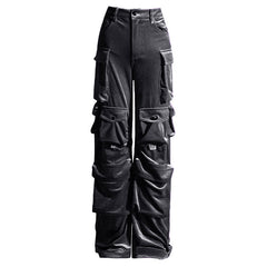 Offbeat Low Waist Multiple Pocket Wide Leg Polished Velvet Cargo Pants