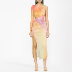 Ombre Rainbow Strass CutOut Split Rüschen One-Shoulder Mesh Midi Cocktailkleid