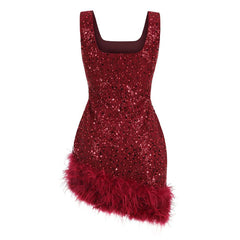 Opulentes Mini-Tank-Partykleid mit Federbesatz, Kunstperlen und Pailletten, quadratischem Ausschnitt