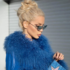 Trench-coat mi-long en cuir d'agneau avec col en fausse fourrure orné et boutons à manches longues