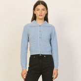 Kurzer Cardigan aus Kaschmirmischung mit übergroßem Kragen und langen Ärmeln - Staubblau