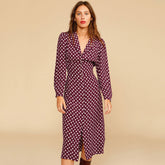 Polka Dot Long Sleeve Pearl Button V Neck Midi Dress - Burgundy