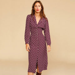 Polka Dot Long Sleeve Pearl Button V Neck Midi Dress - Burgundy