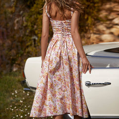 Robe d'été mi-longue à imprimé prairie, col carré, boutons, taille basse, lacets dans le dos