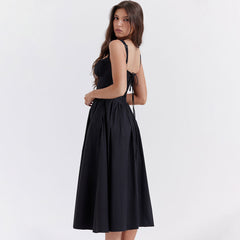 Robe d'été mi-longue style prairie à col carré et bordure boutonnée, taille basse, poche latérale