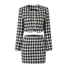 Refine Crewneck Golden Button Houndstooth Tweed Cropped Jacket Matching Set