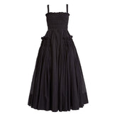 Retro Ruffle Trim Smocked Suspender Strap Fit and Flare Midi Summer SunDress