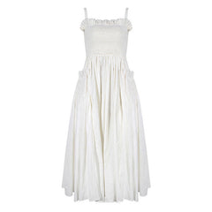 Retro Rüschenbesatz Gesmokter Strumpfhalter Fit und Flare Midi Sommerkleid