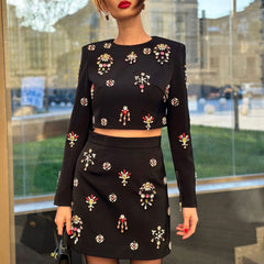 Romantic Crystal FLower Embellished Crew Neck Top High Waist Mini Skirt Matching Set