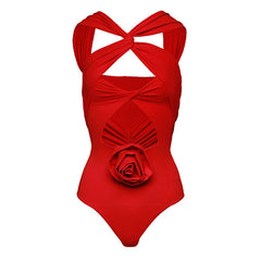 Sexy 3D Rosette Ruched Brazilian Cheeky CutOut Twist V Neck One Piece Swimsuit