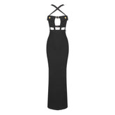 Sexy Maxi-Abendkleid mit überkreuzten Brusttaschen vorne, Cut-Outs, Schnallenriemen und Schlitz