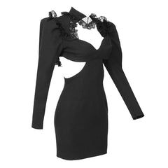 Robe courte moulante sexy à col haut et bordure en dentelle avec manches bouffantes et découpes