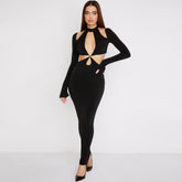 Robe longue sexy à col licou et manches longues avec découpes croisées - Noir