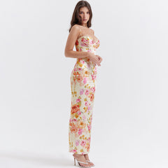 Robe longue sexy en satin à imprimé floral avec bordure en dentelle et col en cœur