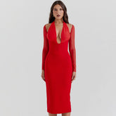 Sexy Plunge Halter Neck Long Sleeve Mesh Panel Bodycon Cocktail Corset Midi Dress