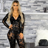 Sexy, halbtransparenter, figurbetonter Playsuit mit tiefem Ausschnitt und langen Ärmeln