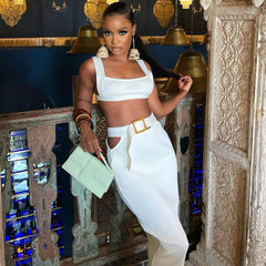 Sexy Rib Knit Crop Tank Top CutOut Belted High Waist Bandage Skirt Matching Set