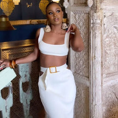 Sexy Rib Knit Crop Tank Top CutOut Belted High Waist Bandage Skirt Matching Set