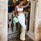 Sexy Rib Knit Crop Tank Top CutOut Belted High Waist Bandage Skirt Matching Set