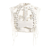 Sexy Solid Color Strappy Lace Up CutOut Layered Denim Crop Tank Top