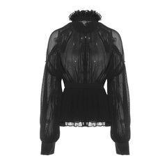 Chemisier à basque plissé boutonné à col haut et manches bouffantes à volants transparents