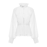 Transparente Bluse mit hohem Kragen, Puffärmeln, Knopfleiste und plissiertem Schößchen