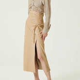 Sleek Drawstring Ruched High Waist Front Slit Vegan Leather Midi Skirt - Khaki