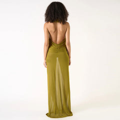 Robe longue ample à capuche, croisée, dos ouvert, sans manches, en maille transparente