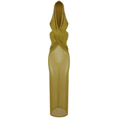 Robe longue ample à capuche, croisée, dos ouvert, sans manches, en maille transparente