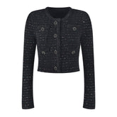 Sparkly Crystal Trim Button Front Long Sleeve Crop Sequin Knit Cardigan