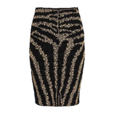 Sparkly Diamante Studded Zebra Print Mid Waist Tweed Knit Midi Pencil Skirt