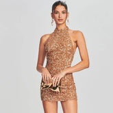 Robe courte moulante à sequins scintillants et dos nu - Champagne