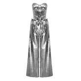Glitzerndes Pailletten-Party-Set mit Herzausschnitt, bauchfreiem Tube-Top und weitem Bein und passender Hose