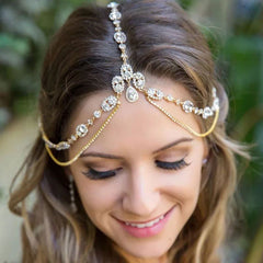 Sparkly Teardrop Pendant Crystal Embellished Layered Bridal Head Chain - Gold