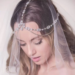 Sparkly Teardrop Pendant Crystal Embellished Layered Bridal Head Chain - Silver