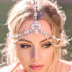 Sparkly Teardrop Pendant Crystal Embellished Layered Bridal Head Chain - Silver