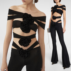 HANAE Black CUT Out TOP and FLARED PANTS with ROSE BOWS SET