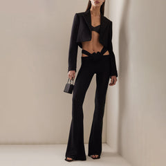 HANAE Black CUT Out TOP and FLARED PANTS with ROSE BOWS SET
