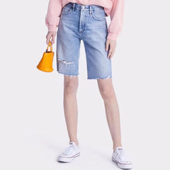 Stylish High Waist Distressed Raw Hem Bermuda Jean Shorts - Light Blue