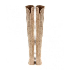 Stylish Round Toe Low Block Heeled Suede Over Knee Boots - Apricot