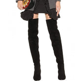 Stylish Round Toe Low Block Heeled Suede Over Knee Boots - Black