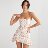 Robe mini en satin drapé à corset plissé sans bretelles à imprimé floral - Rose