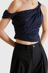 Gestreiftes Top mit One-Shoulder-Detail - Dunkelblau