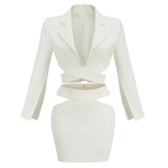 Unique CutOut Split Sleeve Wraparound Blazer Matching Set - White