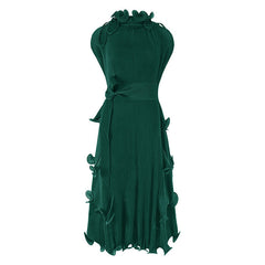 Robe mi-longue plissée à volants et cordon de serrage, col montant, ceinture à nouer soi-même