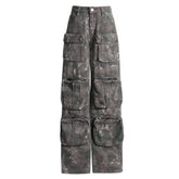 Jean cargo vintage délavé à l'acide avec plusieurs poches, taille haute, jambe droite