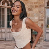 Vintage drapiertes, quadratisches Halsteil, geschnürter Rücken, kurzes, ärmelloses Korsett-Oberteil aus Spitze