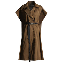Trench-coat croisé à ceinture et épaules allongées vintage - Marron